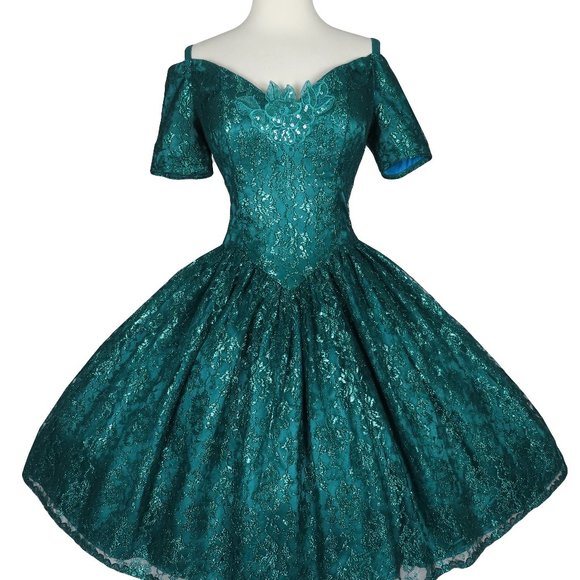 Vintage 80s Gunne Sax Green Metallic Lurex Floral Lace Full Skirt Prom Dress S - Picture 2 of 12
